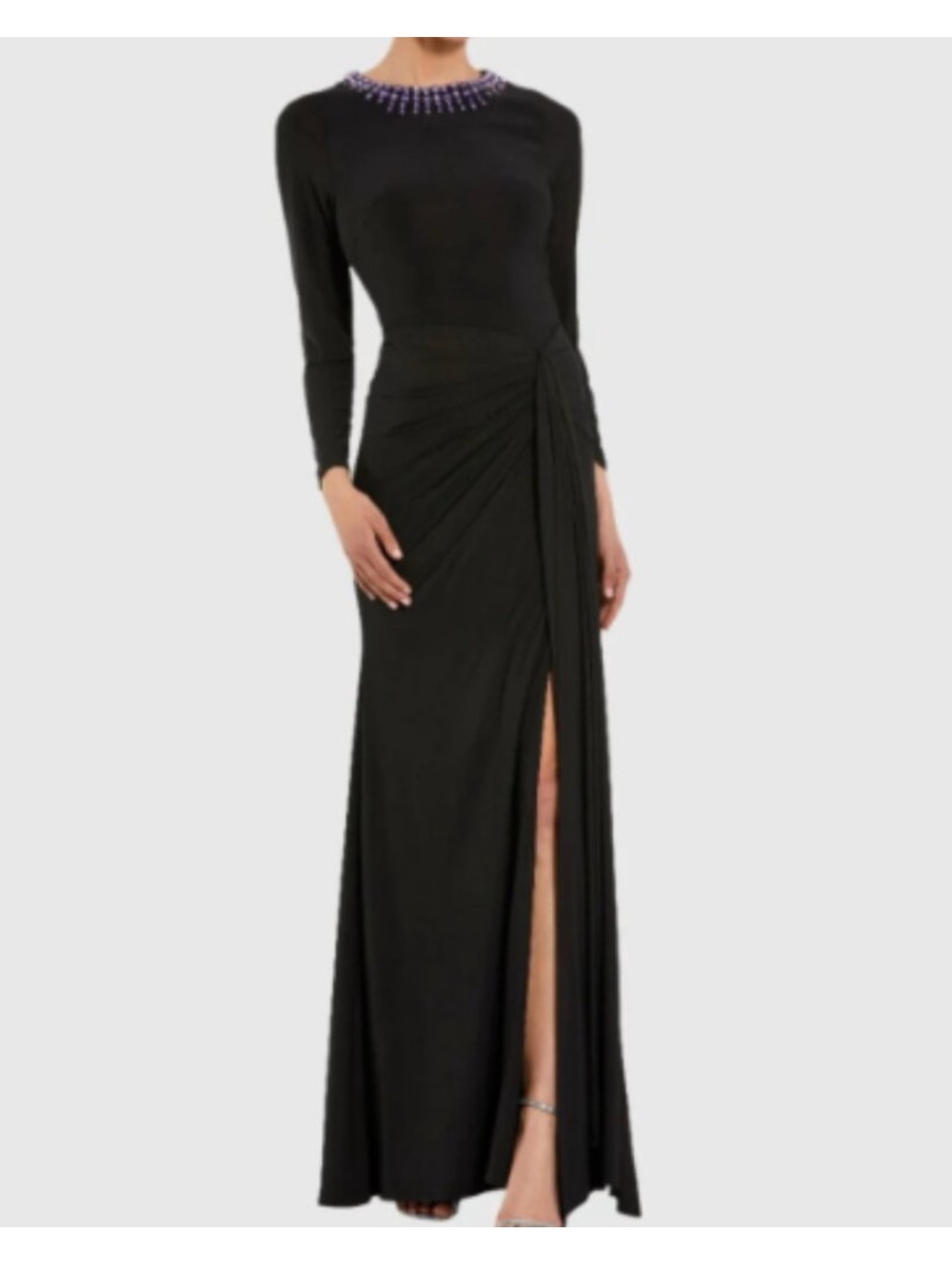 Mac Duggal Black Long Sleeve Draped Evening Gown with Purple Beaded Neckline